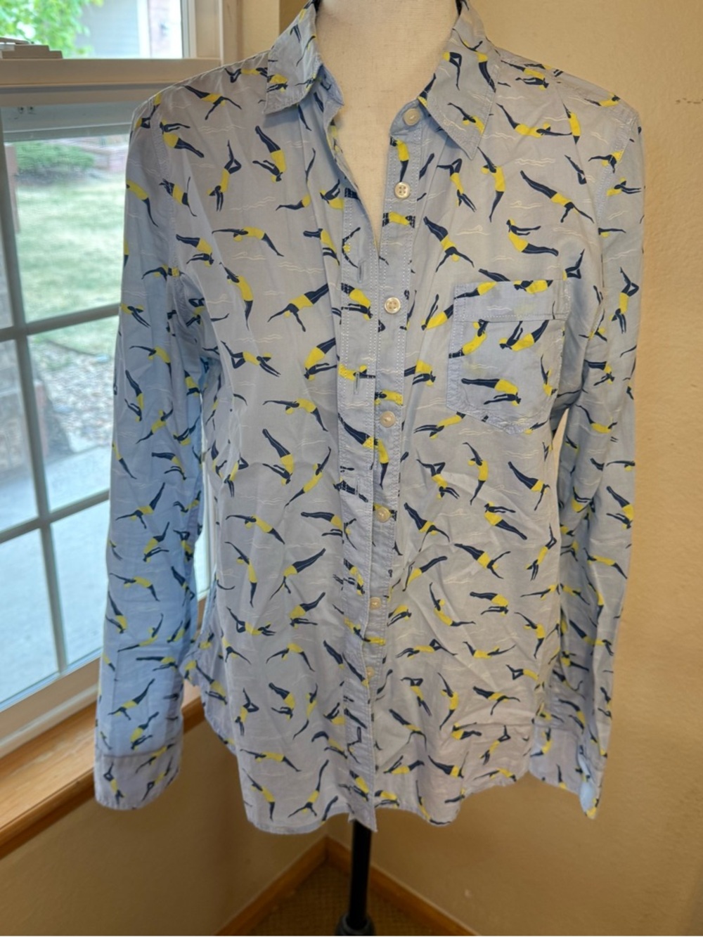 Light Blue Men's Button-Up Shirt with Navy & Yellow Bird Print